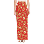 Xmas Gingerbread Pattern Print High Slit Maxi Skirt