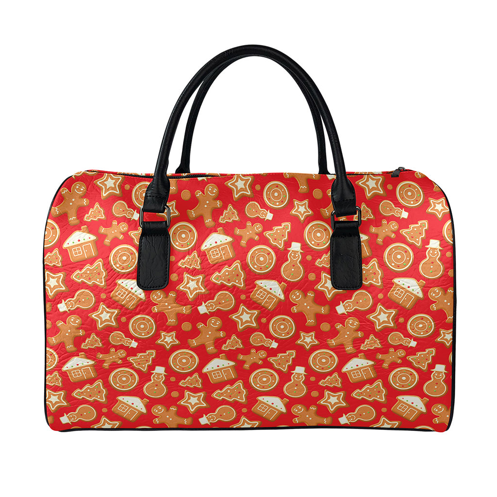 Xmas Gingerbread Pattern Print Leather Duffle Bag