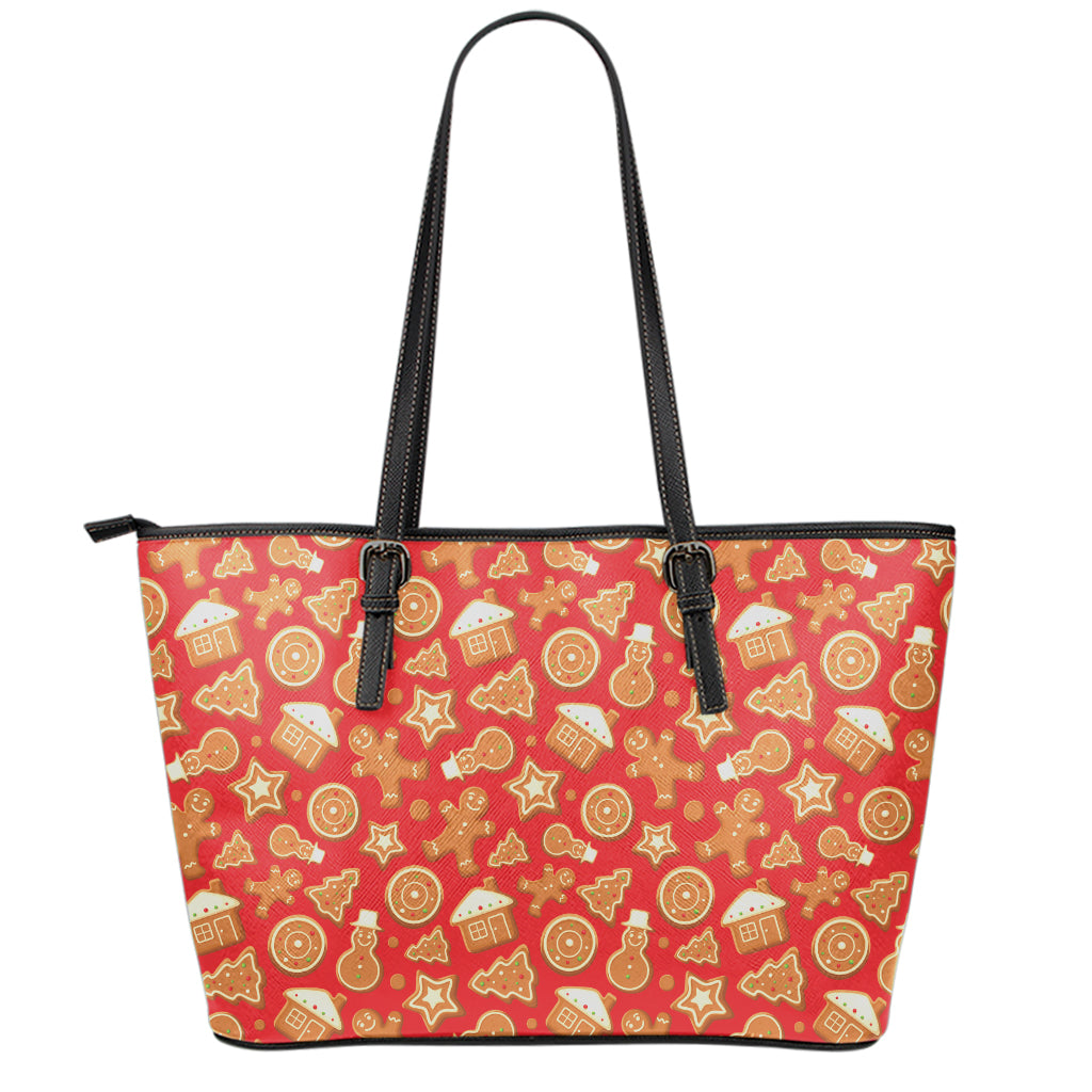 Xmas Gingerbread Pattern Print Leather Tote Bag