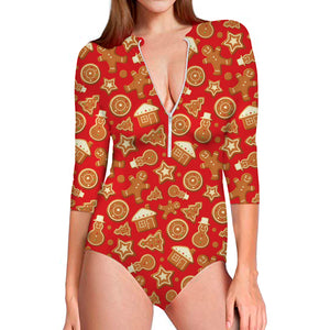 Xmas Gingerbread Pattern Print Long Sleeve Swimsuit