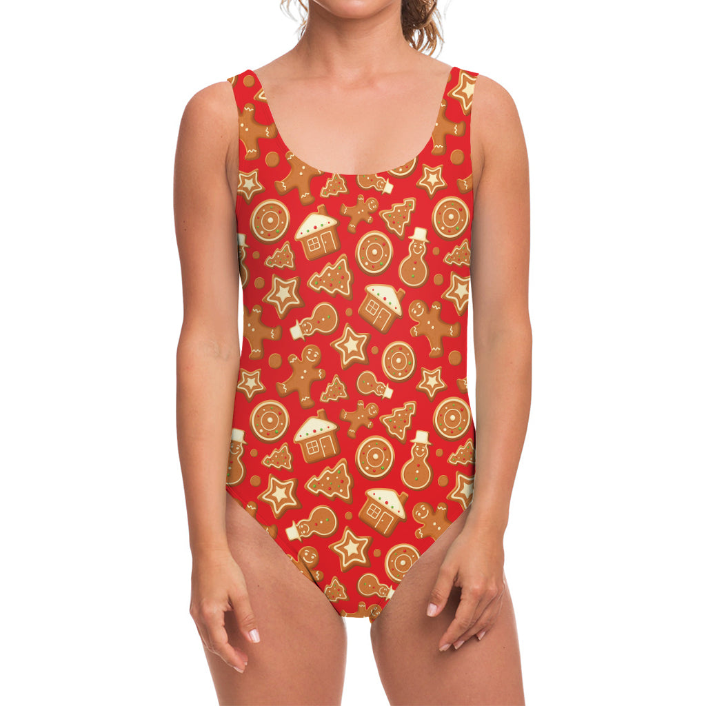 Xmas Gingerbread Pattern Print One Piece Swimsuit