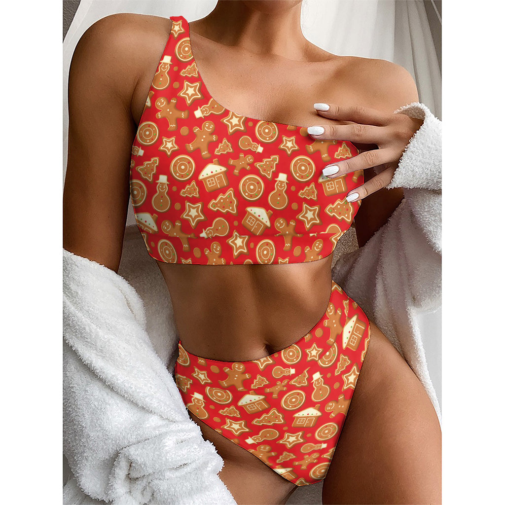 Xmas Gingerbread Pattern Print One Shoulder Bikini Top