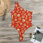 Xmas Gingerbread Pattern Print One Shoulder Bodysuit