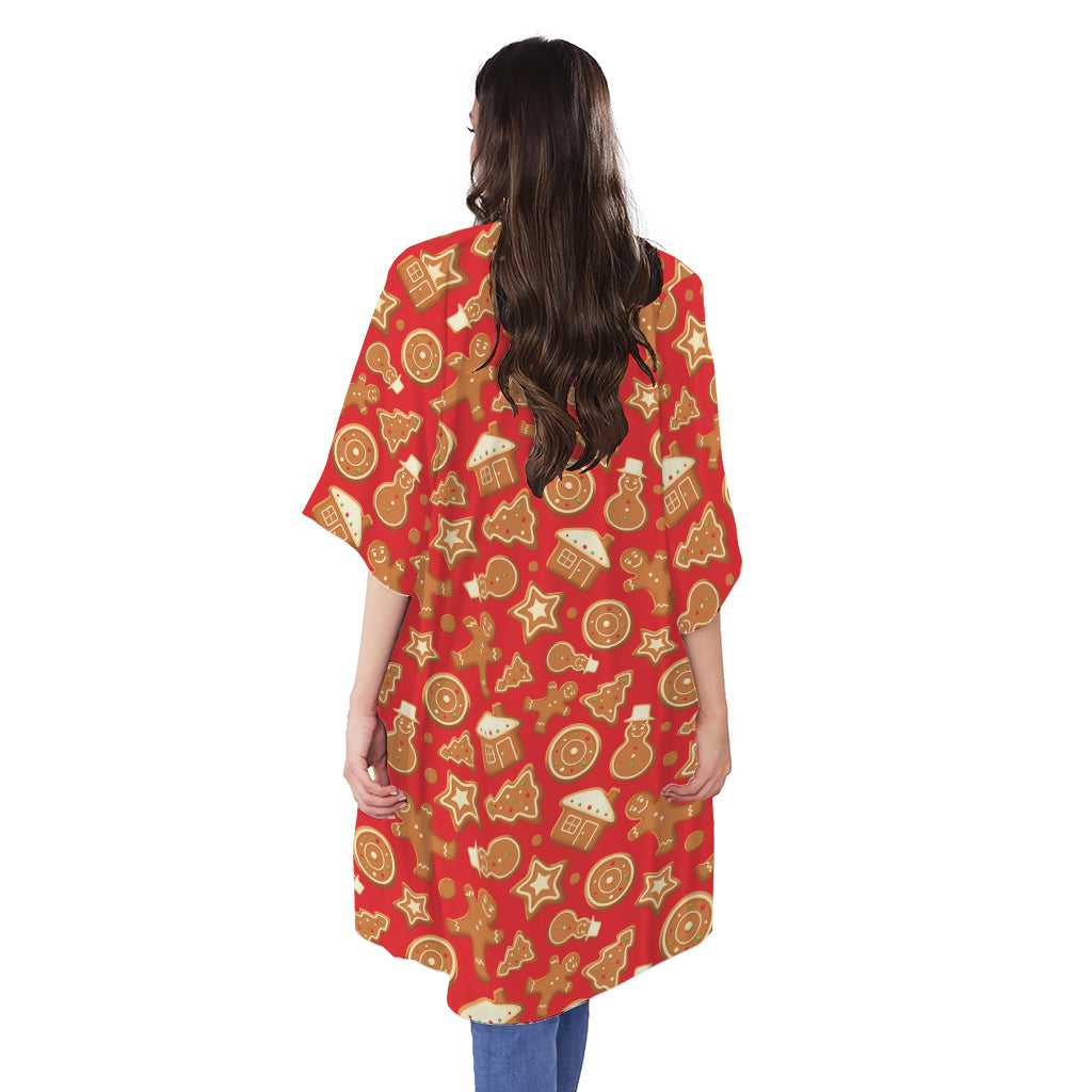 Xmas Gingerbread Pattern Print Open Front Beach Cover Up