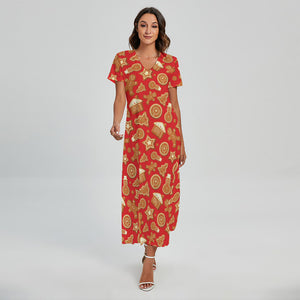 Xmas Gingerbread Pattern Print Short Sleeve Maxi Dress