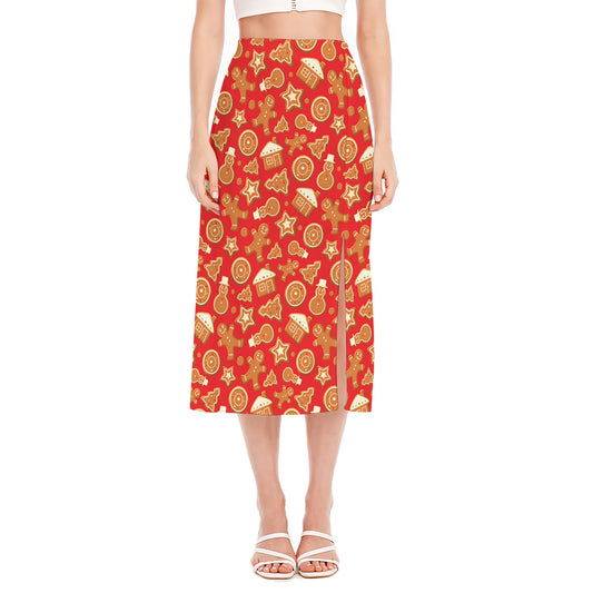 Xmas Gingerbread Pattern Print Side Slit Midi Skirt
