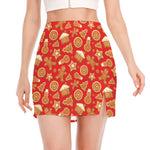 Xmas Gingerbread Pattern Print Side Slit Mini Skirt