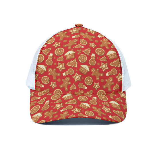 Xmas Gingerbread Pattern Print White Mesh Trucker Cap