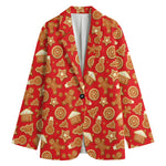 Xmas Gingerbread Pattern Print Women's Cotton Blazer