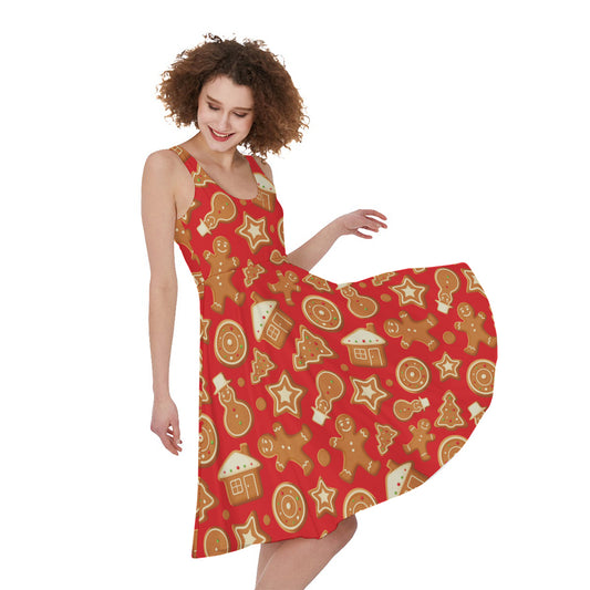Xmas Gingerbread Pattern Print Women's Sleeveless Dress
