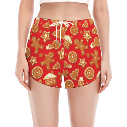 Xmas Gingerbread Pattern Print Women's Split Running Shorts