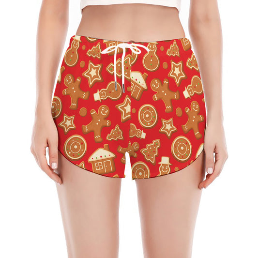 Xmas Gingerbread Pattern Print Women's Split Running Shorts