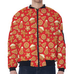 Xmas Gingerbread Pattern Print Zip Sleeve Bomber Jacket