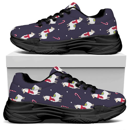 Xmas Llama Pattern Print Black Chunky Shoes