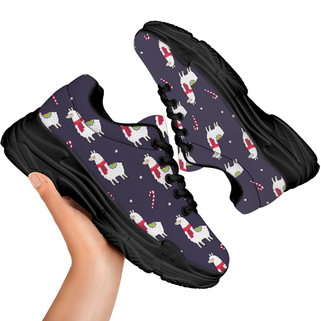 Xmas Llama Pattern Print Black Chunky Shoes
