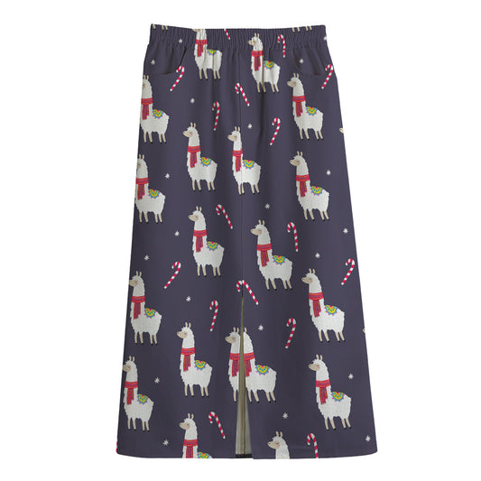 Xmas Llama Pattern Print Cotton Front Slit Maxi Skirt