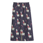 Xmas Llama Pattern Print Cotton Front Slit Maxi Skirt