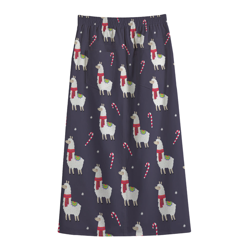 Xmas Llama Pattern Print Cotton Front Slit Maxi Skirt