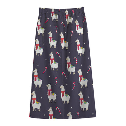 Xmas Llama Pattern Print Cotton Front Slit Maxi Skirt