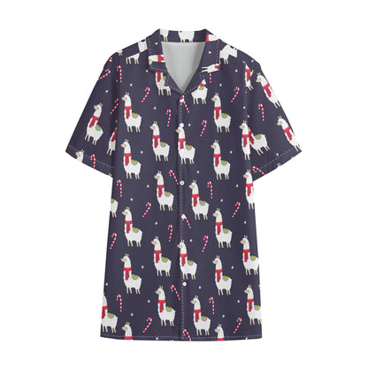 Xmas Llama Pattern Print Cotton Hawaiian Shirt