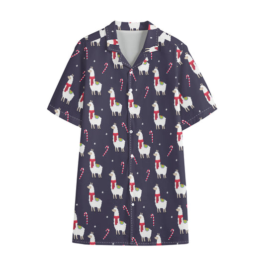 Xmas Llama Pattern Print Cotton Hawaiian Shirt
