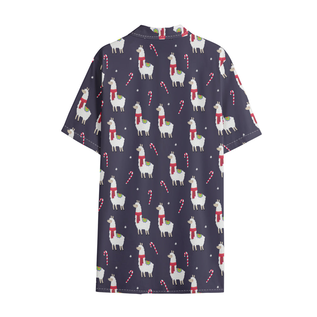 Xmas Llama Pattern Print Cotton Hawaiian Shirt