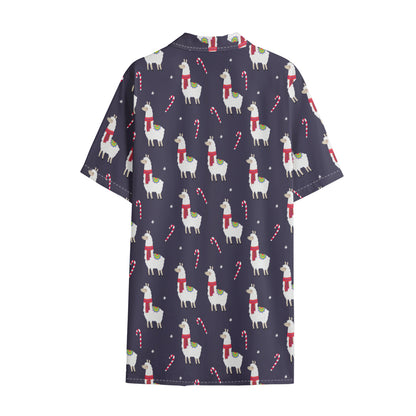 Xmas Llama Pattern Print Cotton Hawaiian Shirt