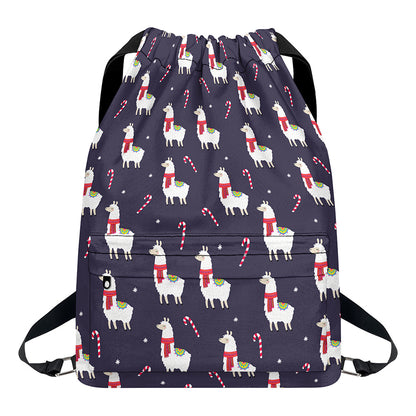 Xmas Llama Pattern Print Drawstring Backpack