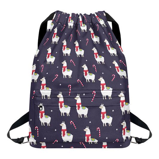 Xmas Llama Pattern Print Drawstring Backpack