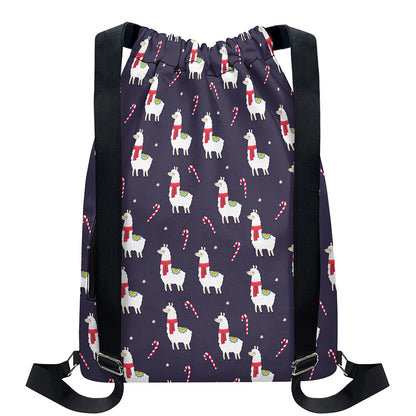 Xmas Llama Pattern Print Drawstring Backpack