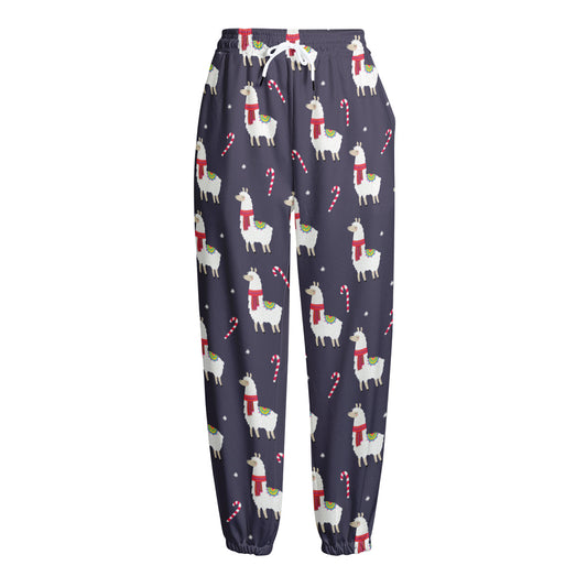 Xmas Llama Pattern Print Fleece Lined Knit Pants