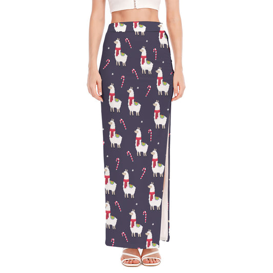 Xmas Llama Pattern Print High Slit Maxi Skirt