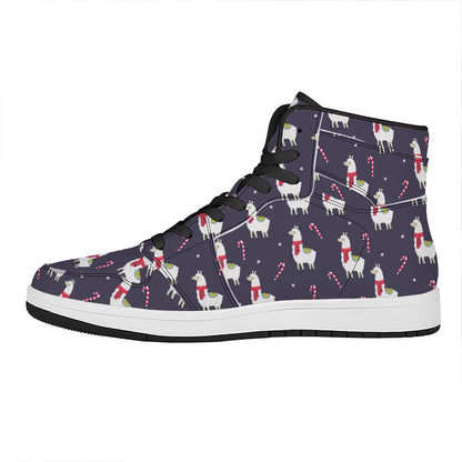 Xmas Llama Pattern Print High Top Leather Sneakers