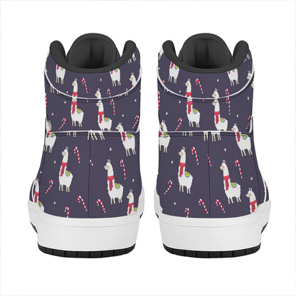 Xmas Llama Pattern Print High Top Leather Sneakers