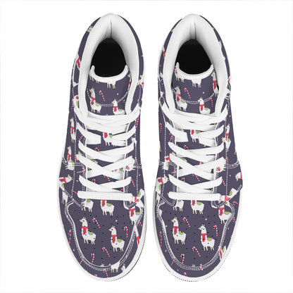 Xmas Llama Pattern Print High Top Leather Sneakers