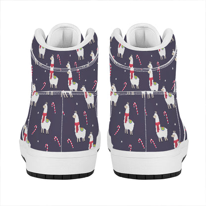 Xmas Llama Pattern Print High Top Leather Sneakers