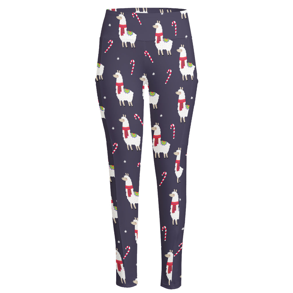 Xmas Llama Pattern Print High-Waisted Pocket Leggings