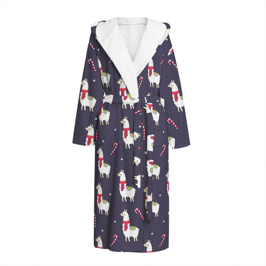 Xmas Llama Pattern Print Hooded Bathrobe