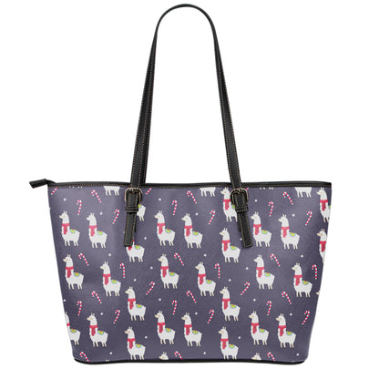 Xmas Llama Pattern Print Leather Tote Bag