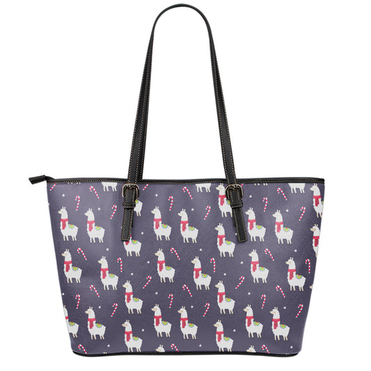 Xmas Llama Pattern Print Leather Tote Bag