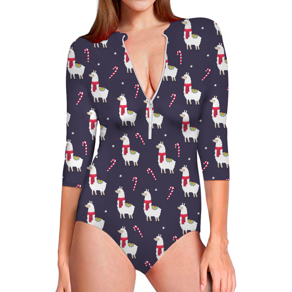 Xmas Llama Pattern Print Long Sleeve Swimsuit