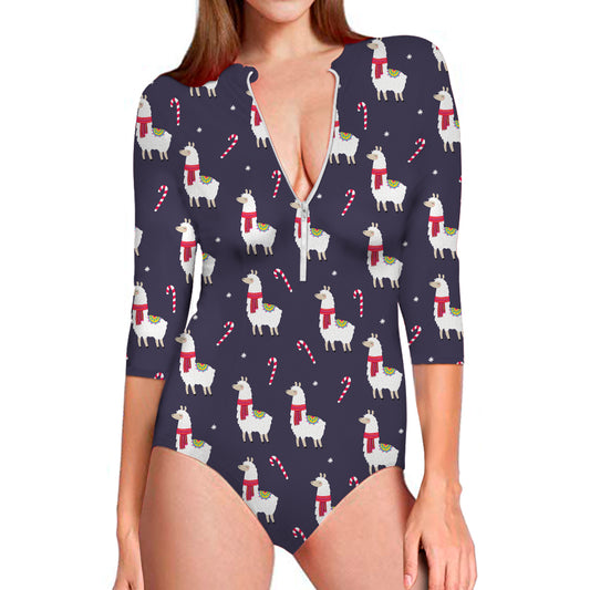 Xmas Llama Pattern Print Long Sleeve Swimsuit