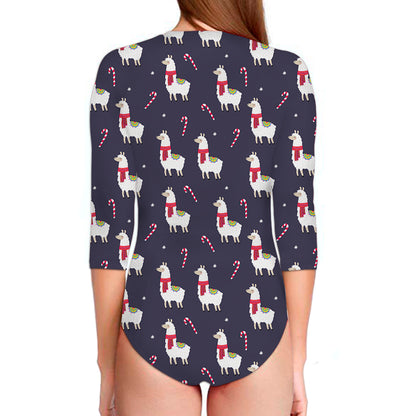 Xmas Llama Pattern Print Long Sleeve Swimsuit