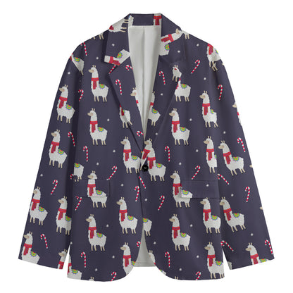 Xmas Llama Pattern Print Men's Cotton Blazer