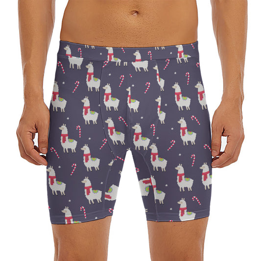 Xmas Llama Pattern Print Men's Long Boxer Briefs