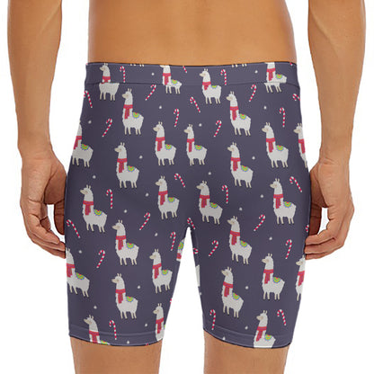 Xmas Llama Pattern Print Men's Long Boxer Briefs