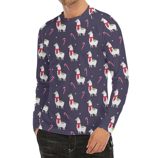 Xmas Llama Pattern Print Men's Long Sleeve Rash Guard