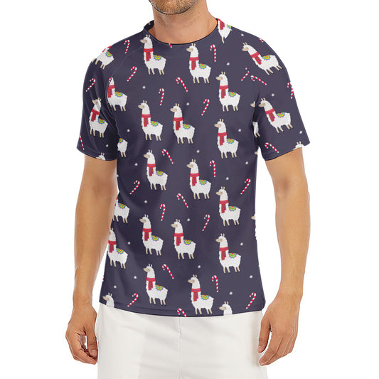Xmas Llama Pattern Print Men's Short Sleeve Rash Guard