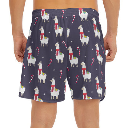 Xmas Llama Pattern Print Men's Split Running Shorts