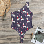 Xmas Llama Pattern Print One Shoulder Bodysuit